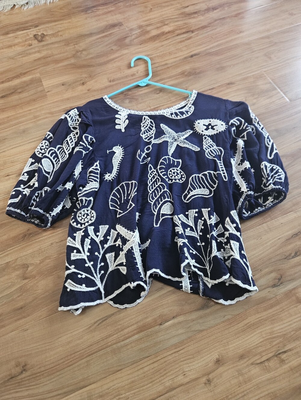 Solitaire Navy Blue Top with White Sea Life Embroidery Size Medium